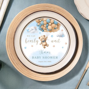 Assiette pour chargeur modifiable ours, assiette pour chargeur baby shower ballons bleus bruns, baby shower garçon ours en peluche modifiable sur Canva CD003