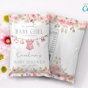 Bearbeitbare Mädchen Kleidung Babyparty Chip Tasche, Baby Wäsche Rosa Kleidung Chip Tasche, Mädchen Blumen Snacks Tasche Wrapper Favor CD011