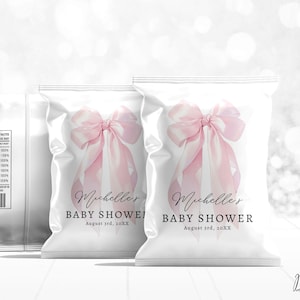 Bearbeitbare Rosa Schleife Babyparty Chip Tasche, Digitale Elegante Rosa Kokette Chip Tasche, Minimalistische Mädchen Snacks Tasche Wrapper Favor CD012