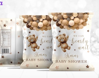 Editable Teddy Bear Baby Shower Chip Bag, Editable Brown Balloons Chip Bag, Gender Neutral Bear Baby Shower Snacks Bag Wrapper Favor CD005