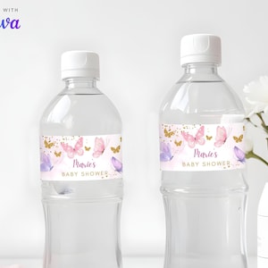 Editable Butterfly Bottle Label Baby Shower, Pink Purple Gold Butterflies Label, Girl Butterfly Baby Shower Decor Drink Bottle Label CD001