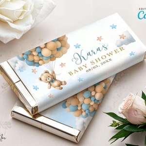 Editable We Can Bearly Wait Chocolate Wrapper, Blue Teddy Bear Baby Shower Candy Bar Wrapper, Boy Bear Balloons Party Favors Decor CD003