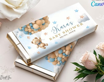 Bearbeitbar Wir können kaum warten Schokoladenverpackung, Blauer Teddybär-Babyparty-Süßigkeitsbar-Wrapper, Junge Bären-Ballons Party Favors Decor CD003