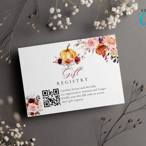 Bearbeitbare Blumenkürbis-Giftregistrierungskarte, Digitale Herbst-Kleiner Kürbis-QR-Code-Karte, Herbst-Burgundy-Blumenregister-Geschenkkarte CD016
