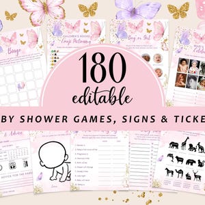 Editable Butterfly Baby Shower Game Bundle, Pink Purple Gold Butterflies Baby Shower Games Party Set Girl Butterfly Games with Answers CD001