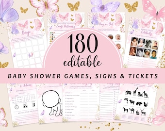 Editable Butterfly Baby Shower Game Bundle, Pink Purple Gold Butterflies Baby Shower Games Party Set Girl Butterfly Games with Answers CD001