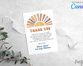 Editable Here Comes The Son Thank You Card, Digital Sun Thank You Note, Boho Boy Ray of Sunshine Baby Shower Thank You Card Favor CD026