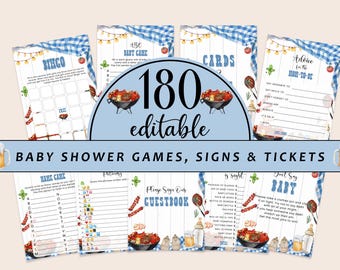 Editable Blue Baby-Q Baby Shower Game Bundle, Baby Q Backyard Couples Baby Sprinkle, Digital Boy Backyard Party Games with Answers CD049