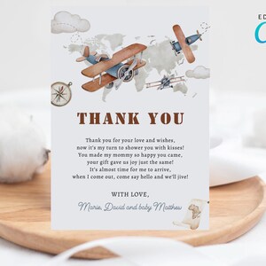 Editable Airplane Thank You Card, Vintage Blue Biplane Travel Adventure Thank You Note, Up Up and Away Baby Boy Thank You Card Favor CD025