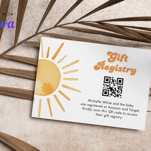 A Little Ray of Sunshine Geschenk-Karte, Gender Reveal Sun QR-Code Karte, Boho Junge Mädchen Sonnenstrahl Babyparty Geschenkkarte CD027