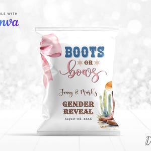 May include: White bag with the text "BOOTS OR BOWS" in blue and pink, announcing a gender reveal. The bag features a pink bow, cowboy boots, and cactus illustrations. The text "Jenny & Mark's GENDER REVEAL" is also visible.