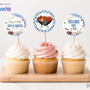 Printable Blue Baby-Q Cupcake Toppers, Baby Q Backyard Couples Baby Sprinkle Baby Shower, Backyard Boy Party Round Cake Toppers, CD049