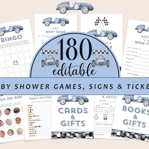 Editable Blue Race Car Game Bundle, Boy Vintage Racing Car Baby Shower Games Party Set, A Baby Boy Is Almost Here Games with Answers CD031