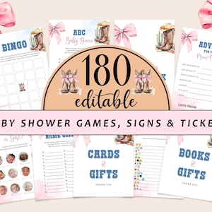 Puede incluir: Una colección de juegos, letreros y boletos para baby shower con temática del oeste. Los diseños presentan botas de vaquero, lazos rosas y el texto "180 editable" y "Baby Shower Games, Signs & Tickets". Los juegos incluyen Bingo, ABC Baby Game y Advice for the Mom to Be.