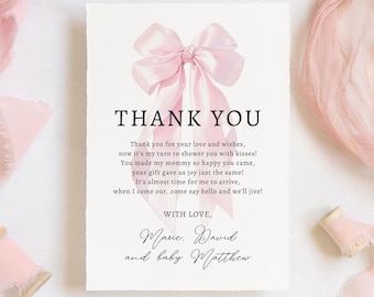 Tarjeta de agradecimiento con lazo rosa editable, nota de agradecimiento digital elegante con coqueta rosa, tarjeta de agradecimiento minimalista para niña, Canva editable CD012
