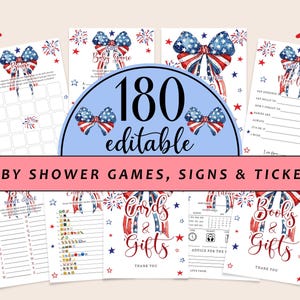 May include: A collection of baby shower games, signs, and tickets with a patriotic theme. The design features red, white, and blue bows, stars, and fireworks. The text "180 editable" is prominently displayed, along with "Baby Shower Games, Signs & Tickets".