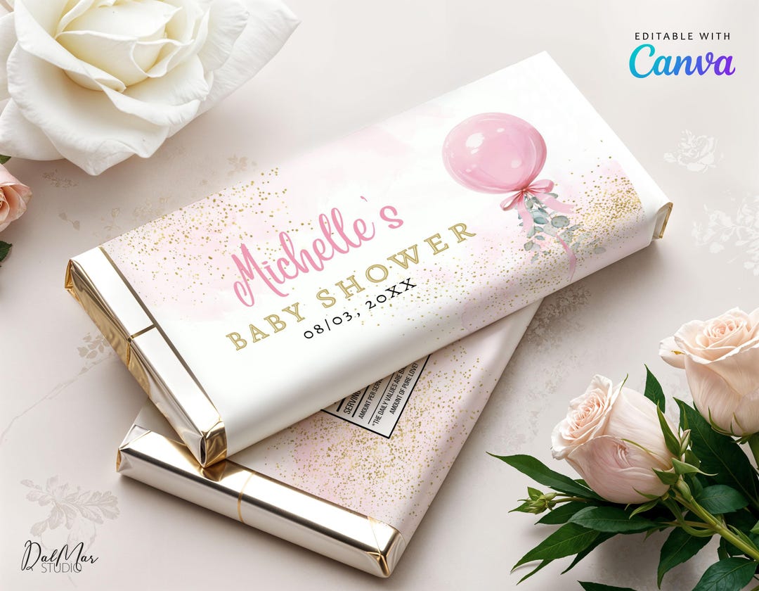Editable Girl Chocolate Wrapper, Digital Pink Balloon Baby Shower Candy ...