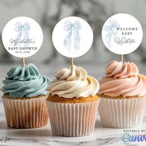 Editable Boy Bow Cupcake Toppers, Digital Elegant Blue Coquette Baby Shower, Minimalist Boy Round Cake Toppers, Editable in Canva CD013