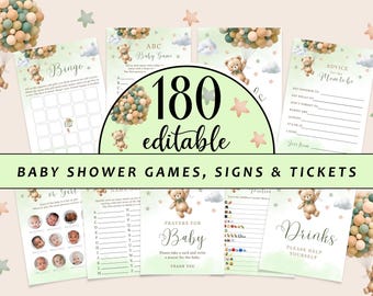 May include: A set of 180 editable baby shower games, signs, and tickets featuring a green and brown color scheme with a teddy bear and balloon theme. The text "180 editable" is in a large font in the center of the image.