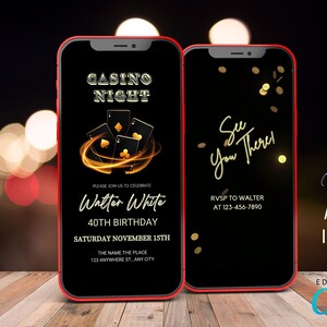 Invitación a juegos de póquer de casino digital, editable en video invitación de cumpleaños de Canva, celebración animada de la noche de casino CAS015