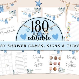Editable Clothes Line Baby Shower Game Bundle, Boho Eucalyptus Boy Baby Shower Games Party Set, Boy  Laundry Games with Answers CD010