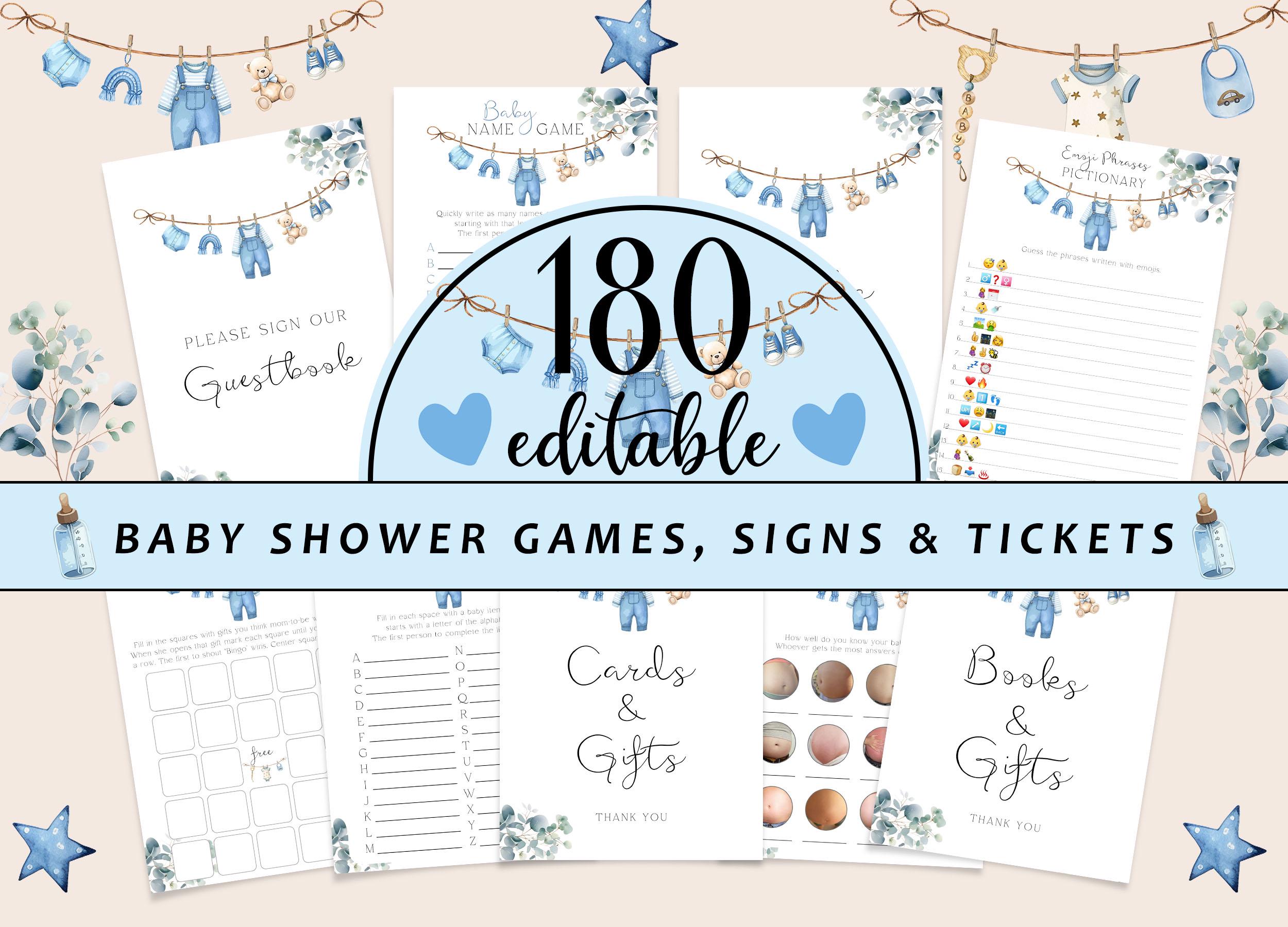 Editable Clothes Line Baby Shower Game Bundle, Boho Eucalyptus Boy Baby Shower Games Party Set, Boy  Laundry Games with Answers CD010