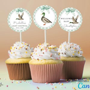 Editable Cute Mallard Duck Cupcake Toppers, Boy Baby Shower, Digital Greenery Duck 2 inch Round Cake Toppers, Editable in Canva CD050