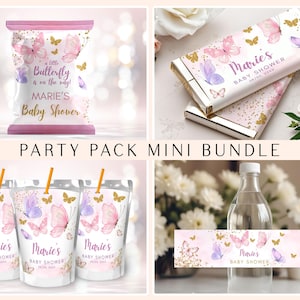 May include: A mini party pack bundle with a butterfly theme. The set includes a snack bag, chocolate bars, drink pouches, and a water bottle label. The items are decorated with pink, purple, and gold butterflies and the text "Marie's Baby Shower".