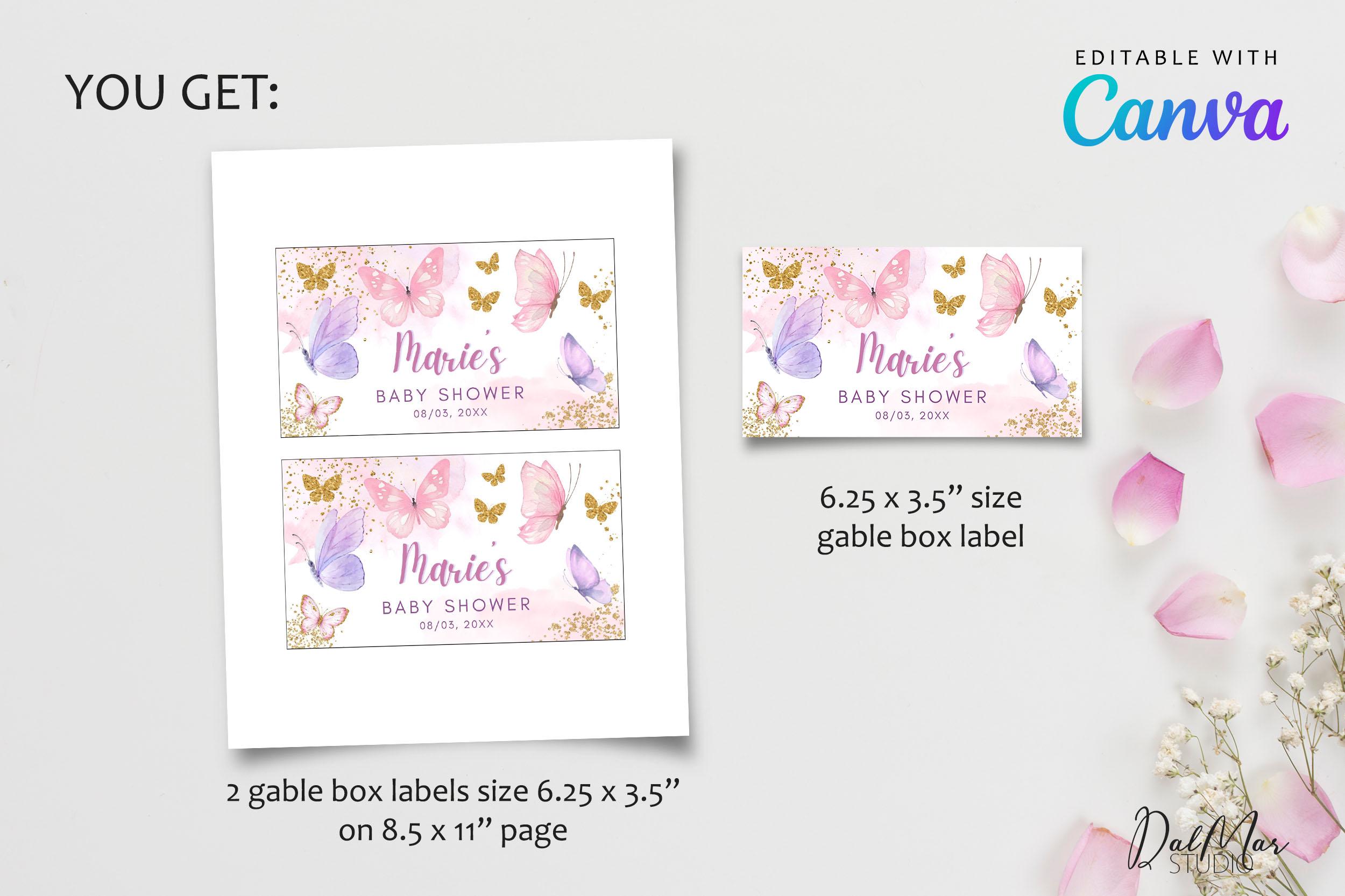 Pink Butterfly Label Editable Butterfly Gable Gift Box Label, Pink Purple Gold Butterflies ...