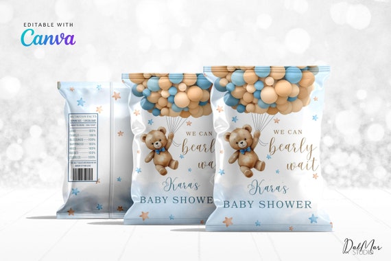 Editable Teddy Bear Baby Shower Chip Bag, Blue Brown Balloons Chip Bag, Boy Bear Baby Shower Snacks Bag Wrapper Favor CD003
