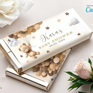 Editable We Can Bearly Wait Chocolate Wrapper, Brown Teddy Bear Baby Shower Candy Bar Wrapper, Bear Balloons Party Favors Decor CD005