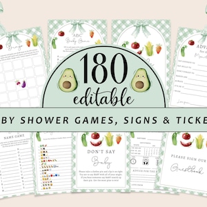 May include: A collection of baby shower games, signs, and tickets with a green and white gingham pattern. The designs include illustrations of vegetables and avocados. The text includes "Bingo", "Baby Game", and "Guestbook".