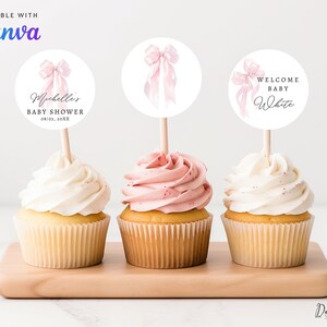 Editable Girl Bow Cupcake Toppers, Digital Elegant Pink Coquette Baby Shower, Minimalist Girl Round Cake Toppers, Editable in Canva CD012