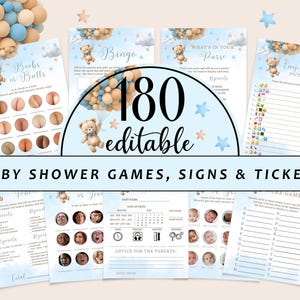May include: A set of 180 editable baby shower games, signs, and tickets featuring a blue and beige colour scheme with a teddy bear holding balloons. The games include "Boobs or Bults", "Bingo", "What's in Your Purse", and "Emoji Phrase Pictionary".