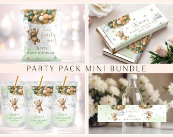 Editable Green Bear Baby Shower Party Bundle, Chip Bag, Chocolate Wrapper, Juice Label, Water Bottle Label CD006