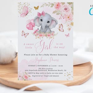 Editable Pink Coquette Elephant Baby Shower Invitation, Digital Girl Balloon Baby Shower Invitation, Pink Floral Bow Girl Invite CD019