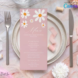 Menú editable de cena para baby shower con margaritas, menú digital de recepción de almuerzo con diseño de bebé en flor, decoración hippie rosa floral boho y moderna para baby shower CD029