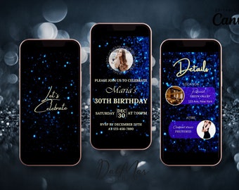 Digital Let's Celebrate Invitation, Editable in Canva, Video Birthday Blue Glitter Background,  Animated Party Invitation LC009