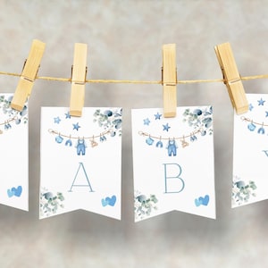 Banner editable de ropa para niño para baby shower, banner de bienvenida para bebé con ropa azul para lavar la ropa, banner de eucalipto para baby shower CD010