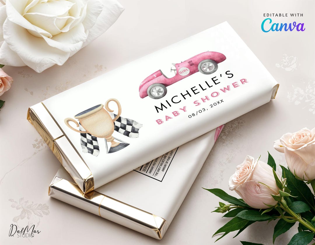 Editable Pink Race Car Chocolate Wrapper, Girl Vintage Racing Car Baby ...