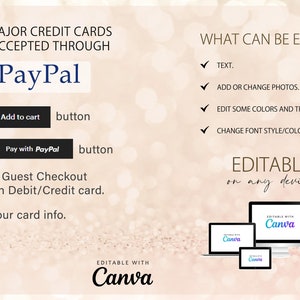 May include: A pink and white graphic with the text "ALL MAJOR CREDIT CARDS ARE ACCEPTED THROUGH PayPal" and instructions on how to pay with PayPal. The graphic also includes the text "EDITABLE WITH Canva" and shows a laptop, tablet, and phone with the Canva logo. The text "EDITABLE on any device" is also included.