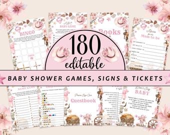 Digital A little Cowgirl Is On The Way Baby Shower Game Bundle, Editable Wild Western Games Party Set, Baby Rodeo Games with Answers CD038