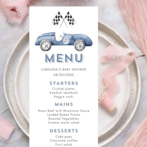 Blue Race Car Shower Dinner Menu, Oh Boy Vintage Racing Car Brunch Lunch Reception Menu, A Baby Boy Is Almost Here Baby Shower Decor CD031
