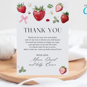 Carte de remerciement modifiable aux fraises, mot de remerciement numérique doux bébé baies, noeud rose verdure merci pour carte de voeux, CD039 modifiable sur toile
