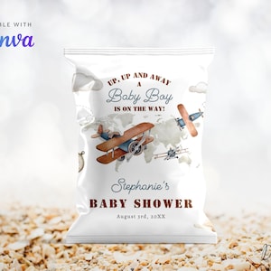 Editable Airplane Baby Shower Chip Bag, Vintage Blue Biplane Travel Adventure Chip Bag, Up Up and Away Baby Boy Snacks Wrapper Favor CD025
