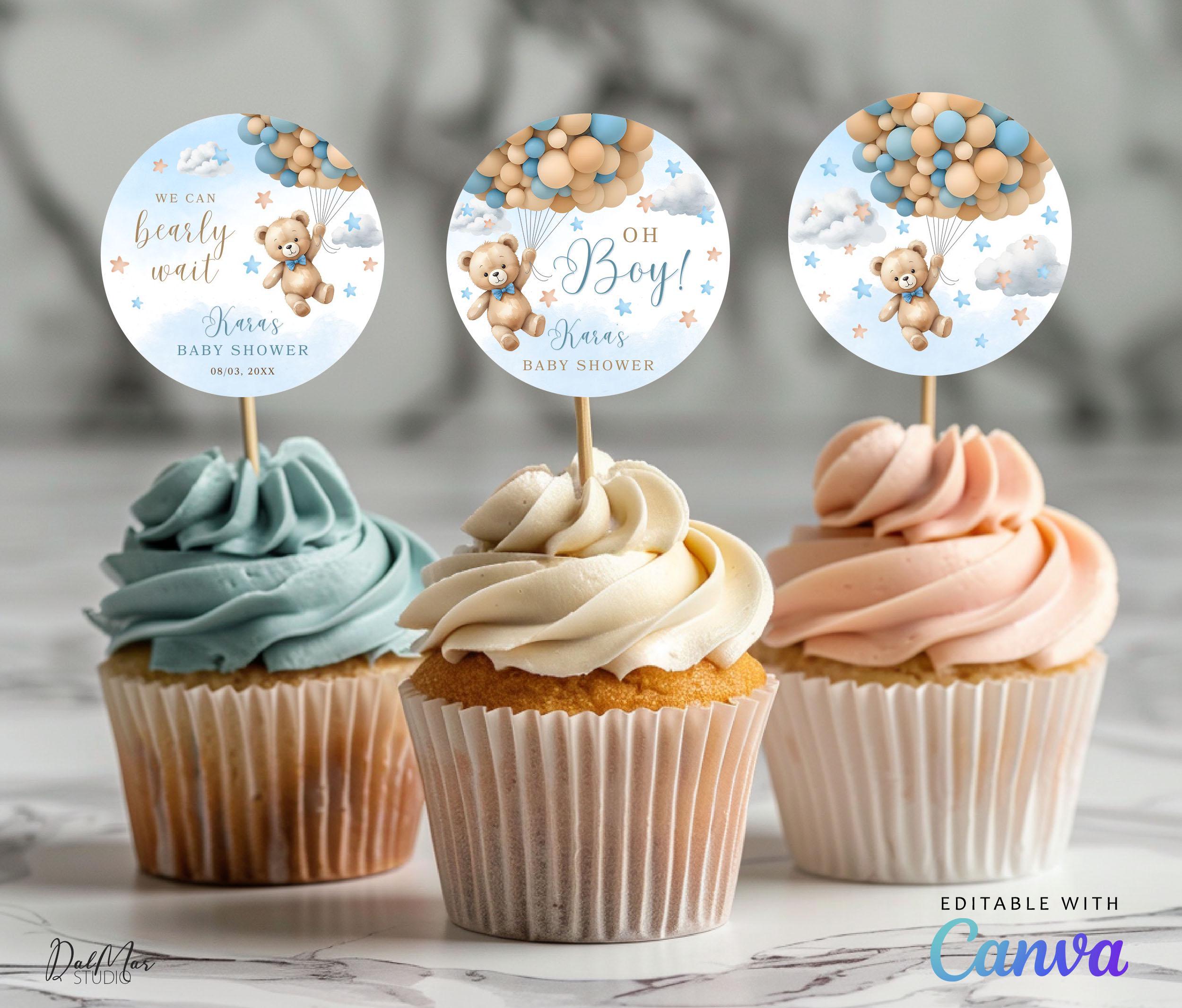 Teddy Bear Cupcake Toppers, Blue Brown Balloons Baby Shower, Boy Bear 2 ...