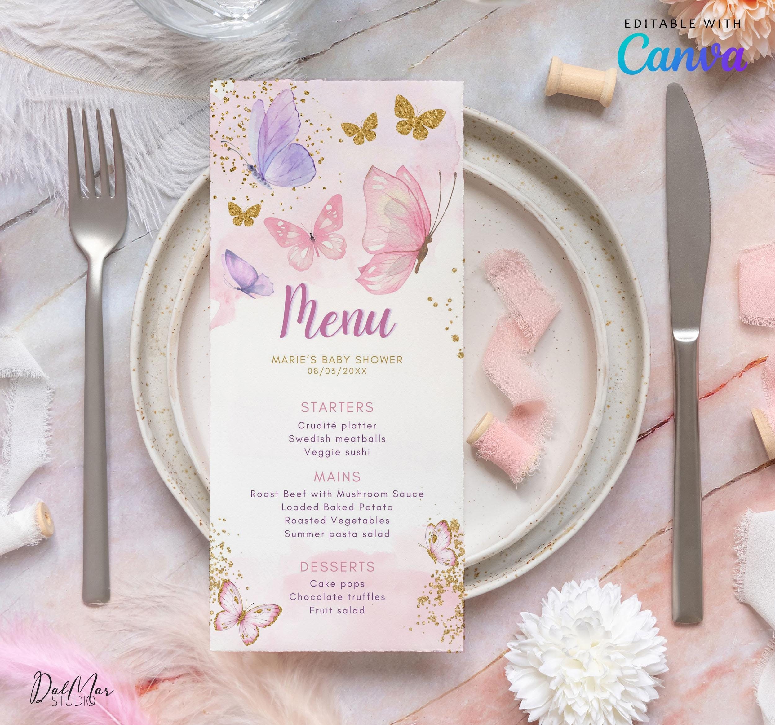 Editable Butterfly Baby Shower Dinner Menu, Pink Purple Gold Butterflies Brunch Lunch Reception Menu, Girl Butterfly Baby Shower Decor CD001