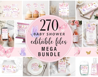 Editable Butterfly Baby Shower Invitation Mega Bundle, Pink Purple Gold Butterflies Games Signs Set, Girl Butterfly Party Mega Pack CD001