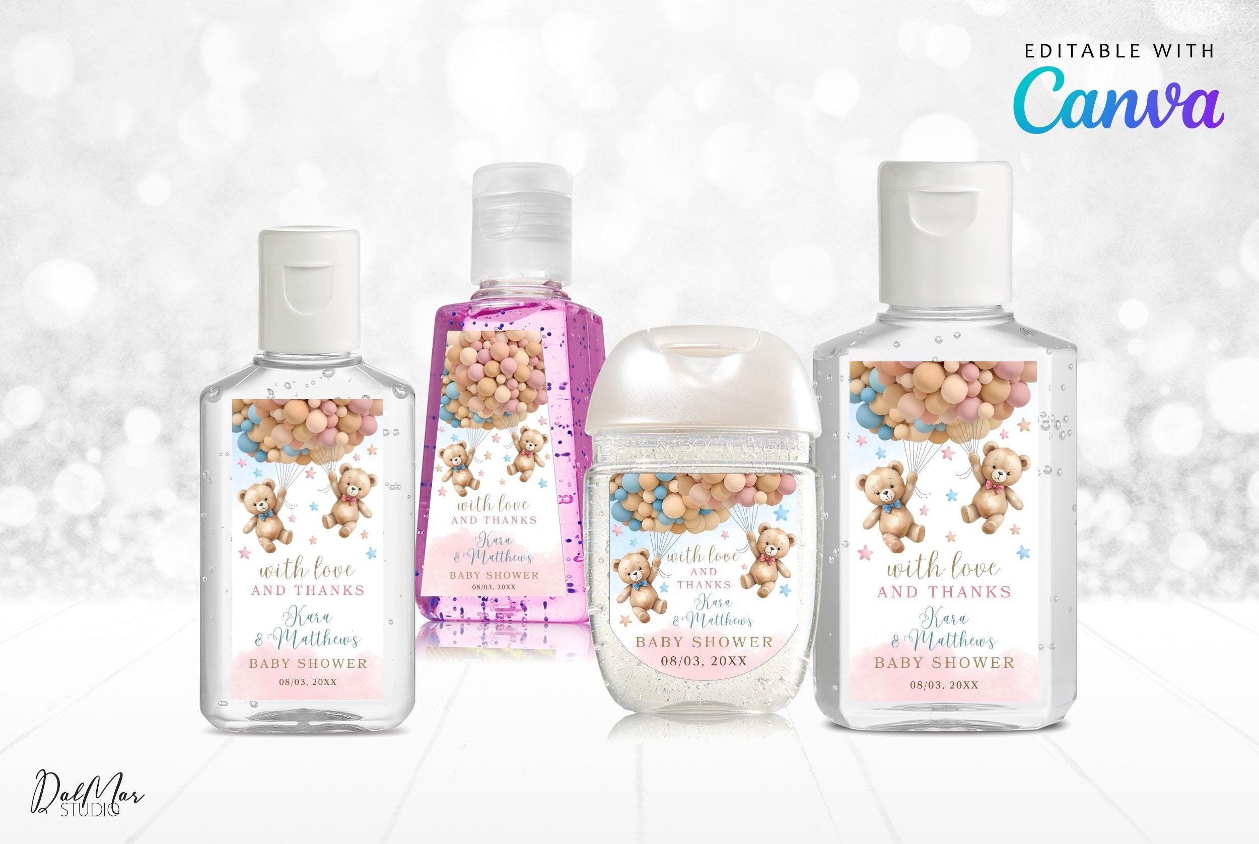 Teddybär Hand Sanitizer Etikettenvorlage, Wir können Bären nicht Babyparty Sanitizer Etikett warten, Geschlecht offenbaren Dekor, bearbeitbar in Canva CD008