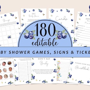 May include: A set of baby shower games, signs, and tickets featuring a blueberry design. The image shows various printable sheets with blueberry illustrations and text such as "180 editable", "Bingo", and "Advice for the Mum-to-be". The overall theme is a blueberry baby shower.